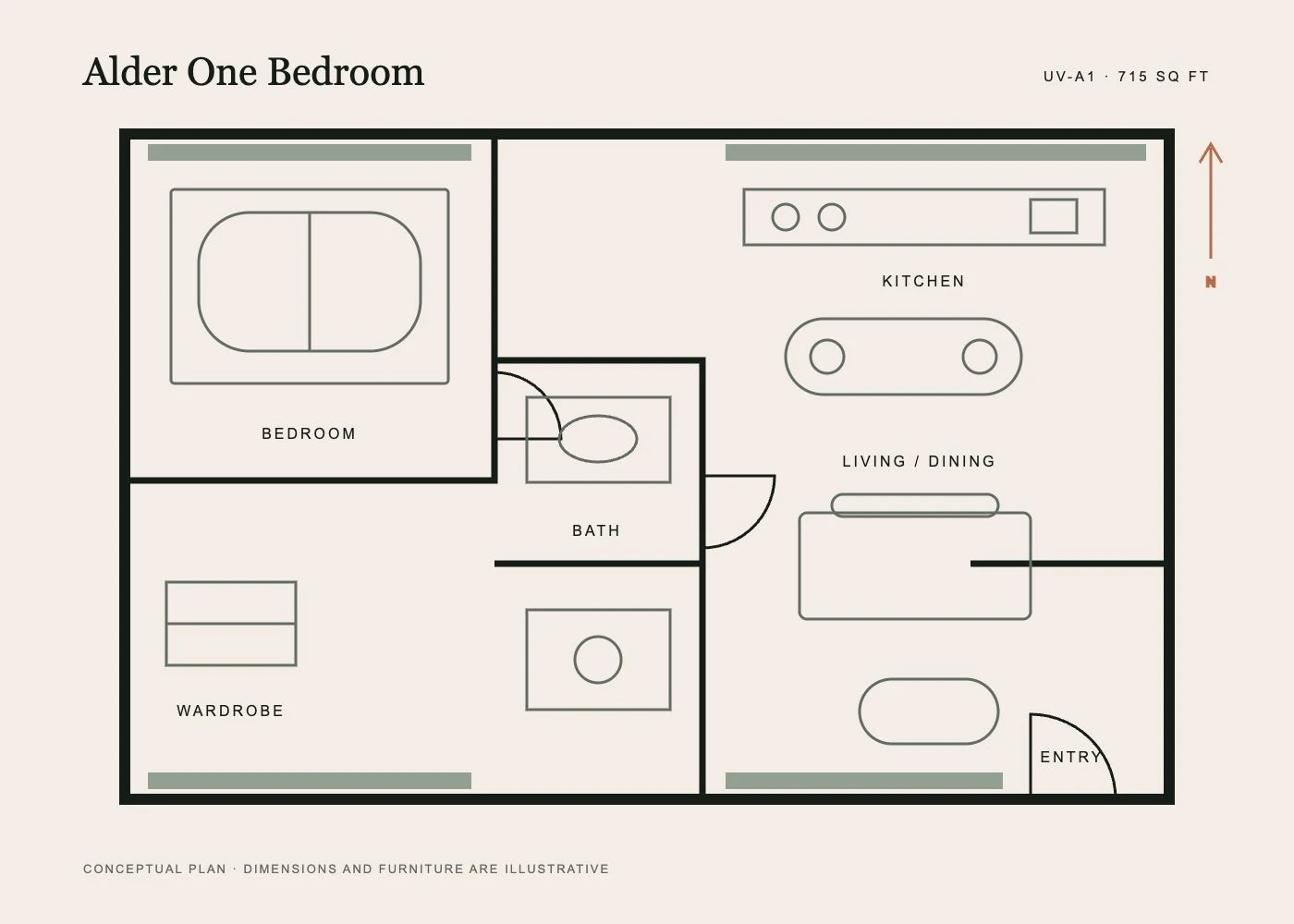 Conceptual floor plan for the Alder One Bedroom, 715 square feet