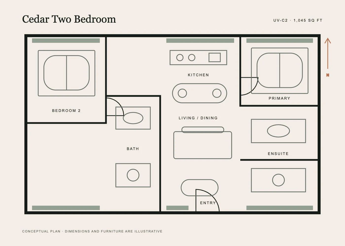 Conceptual floor plan for the Cedar Two Bedroom, 1,045 square feet
