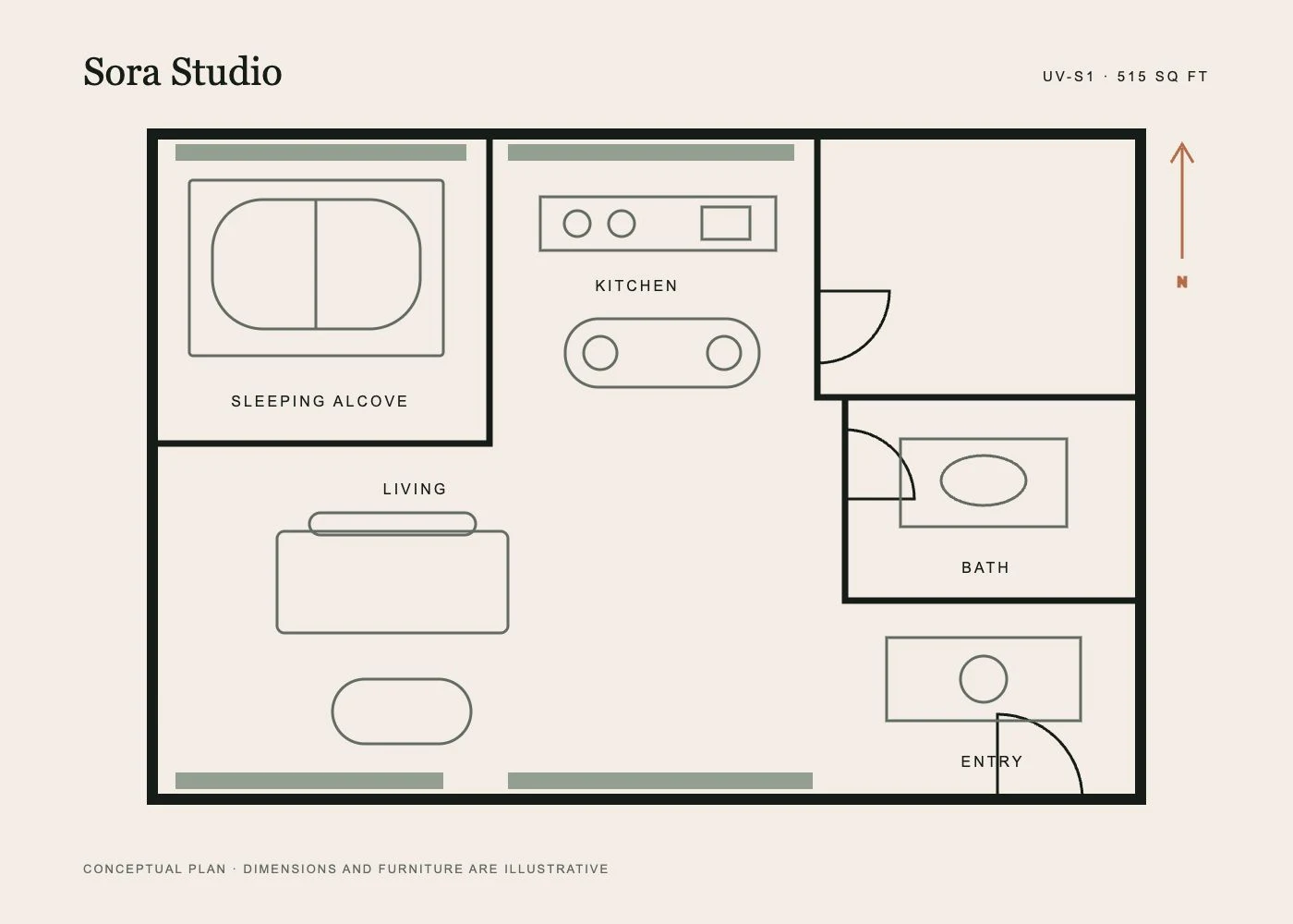 Conceptual floor plan for the Sora Studio, 515 square feet