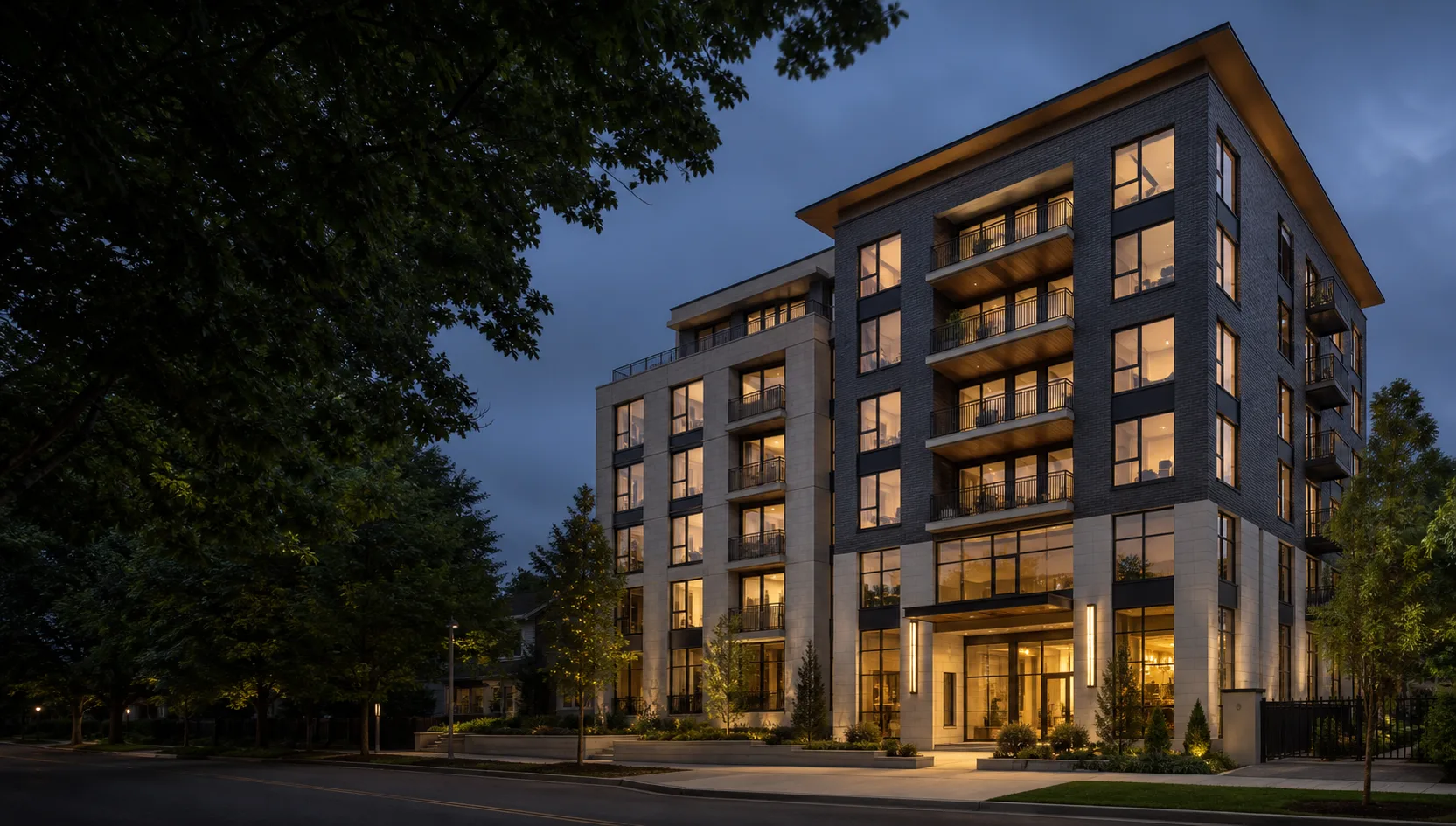 Conceptual rendering of the fictional Urban View apartment building at dusk