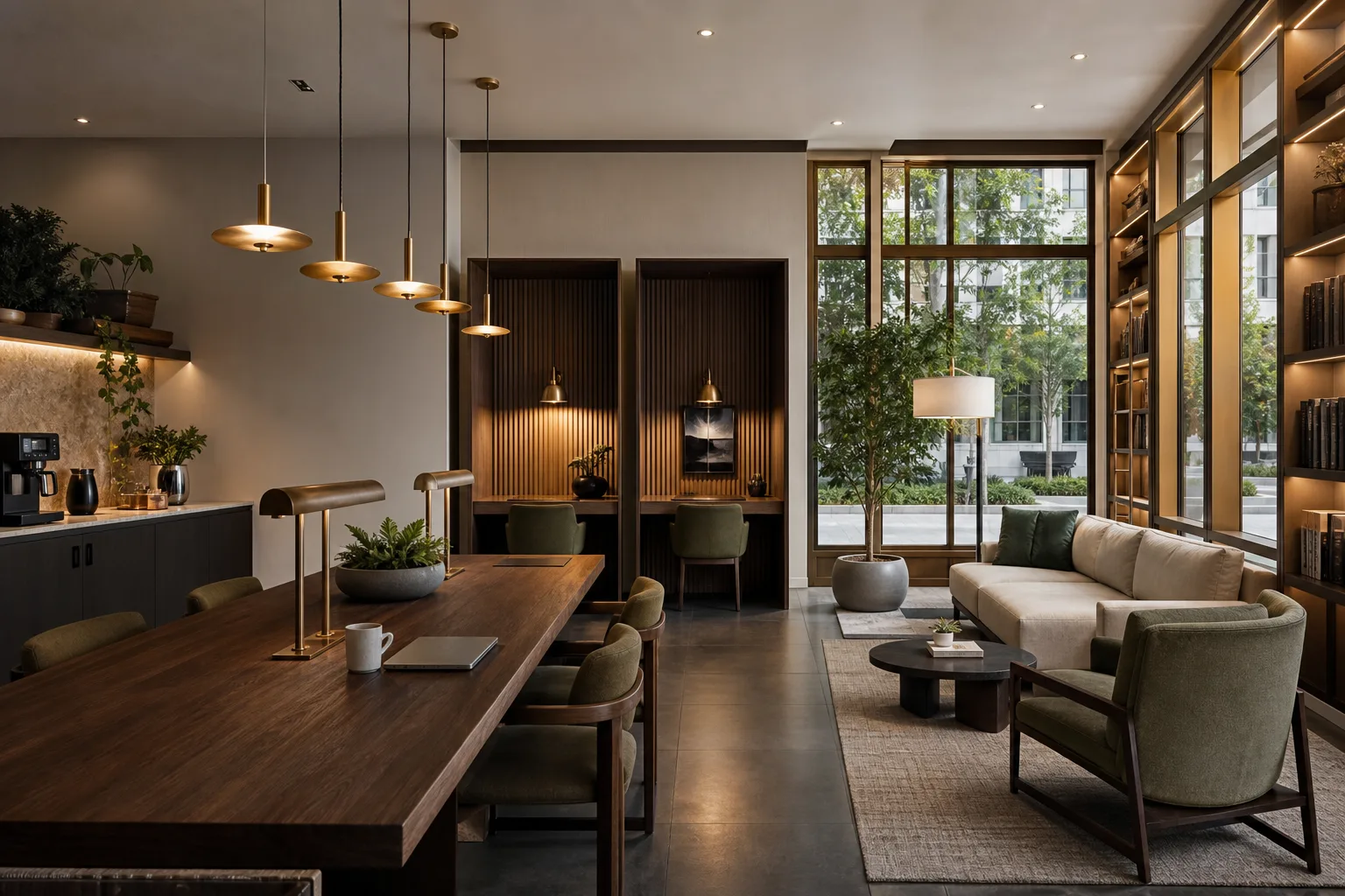 Conceptual Urban View resident lounge with coworking table and quiet work booths