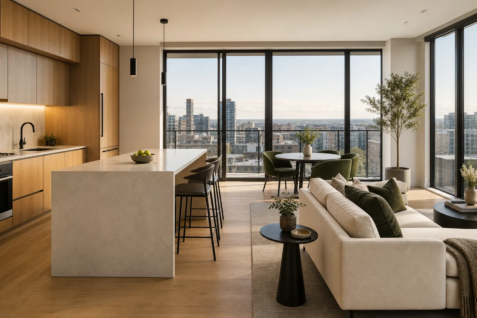 Conceptual open-plan Urban View apartment with oak kitchen and city-facing windows