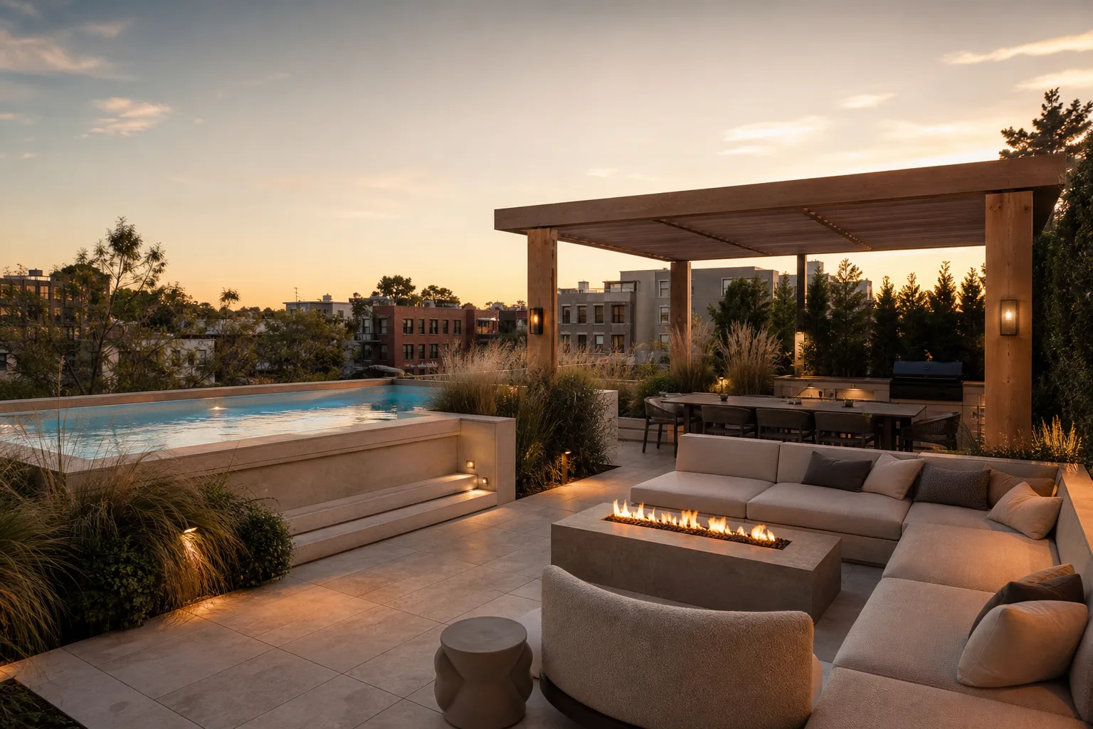 Conceptual Urban View rooftop terrace with plunge pool, pergola, and fire table